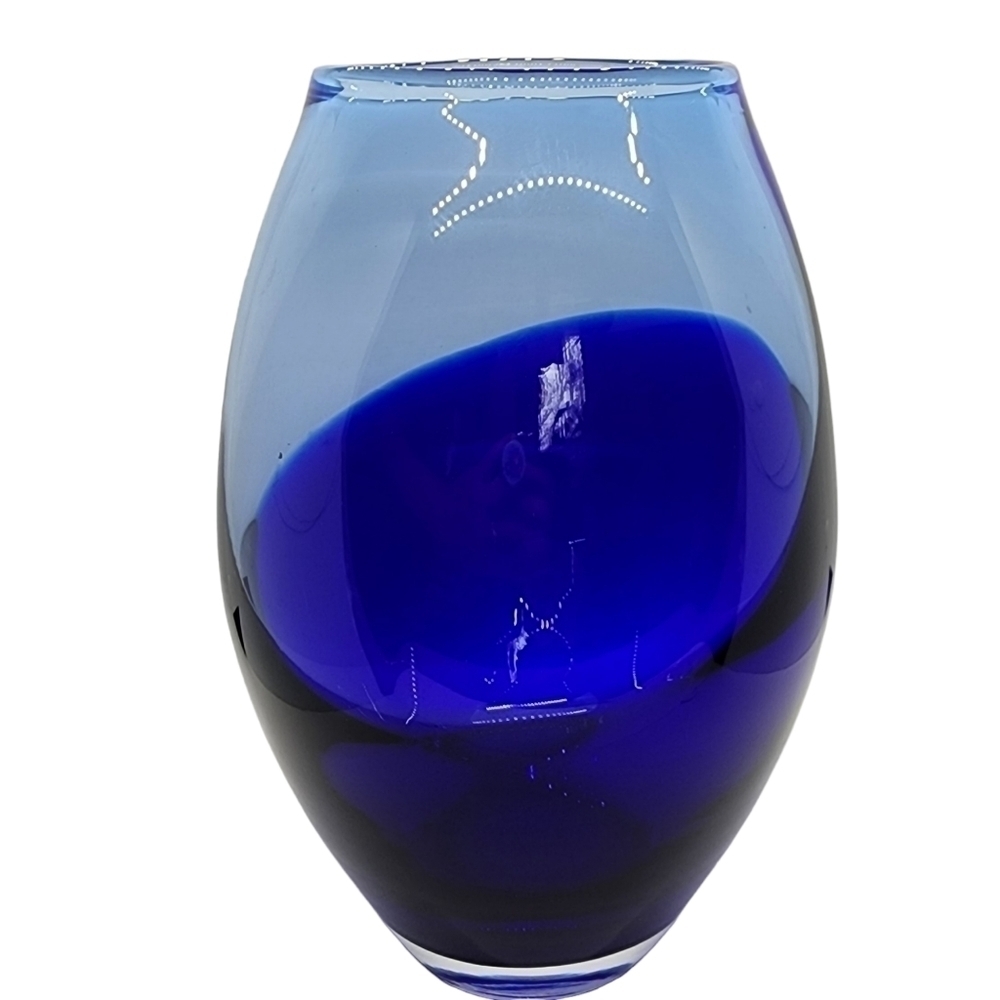 Large Glass vase cobalt blue angle design heavy thick vintage Estate